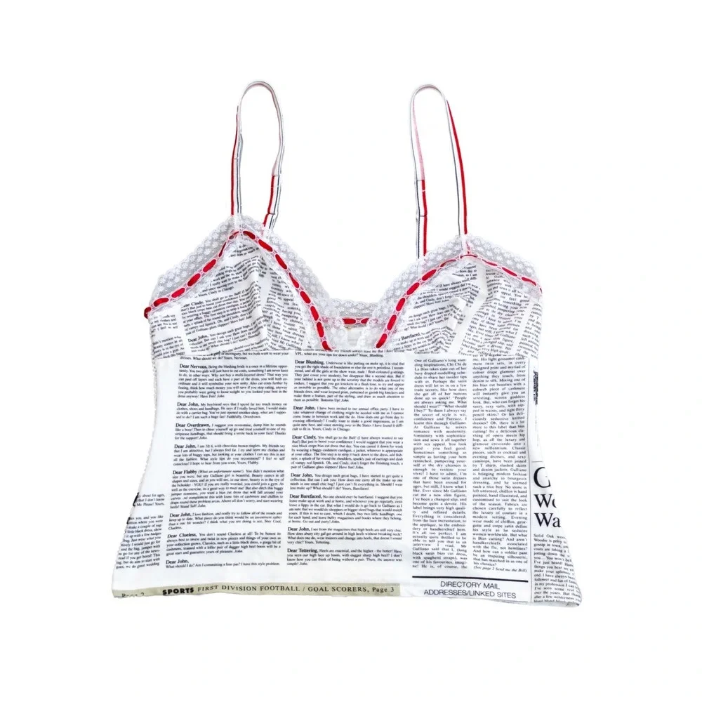 John Galliano Newspaper Print Camisole Top XL Lace Trim France Y2K Designer Rare - Picture 1 of 7